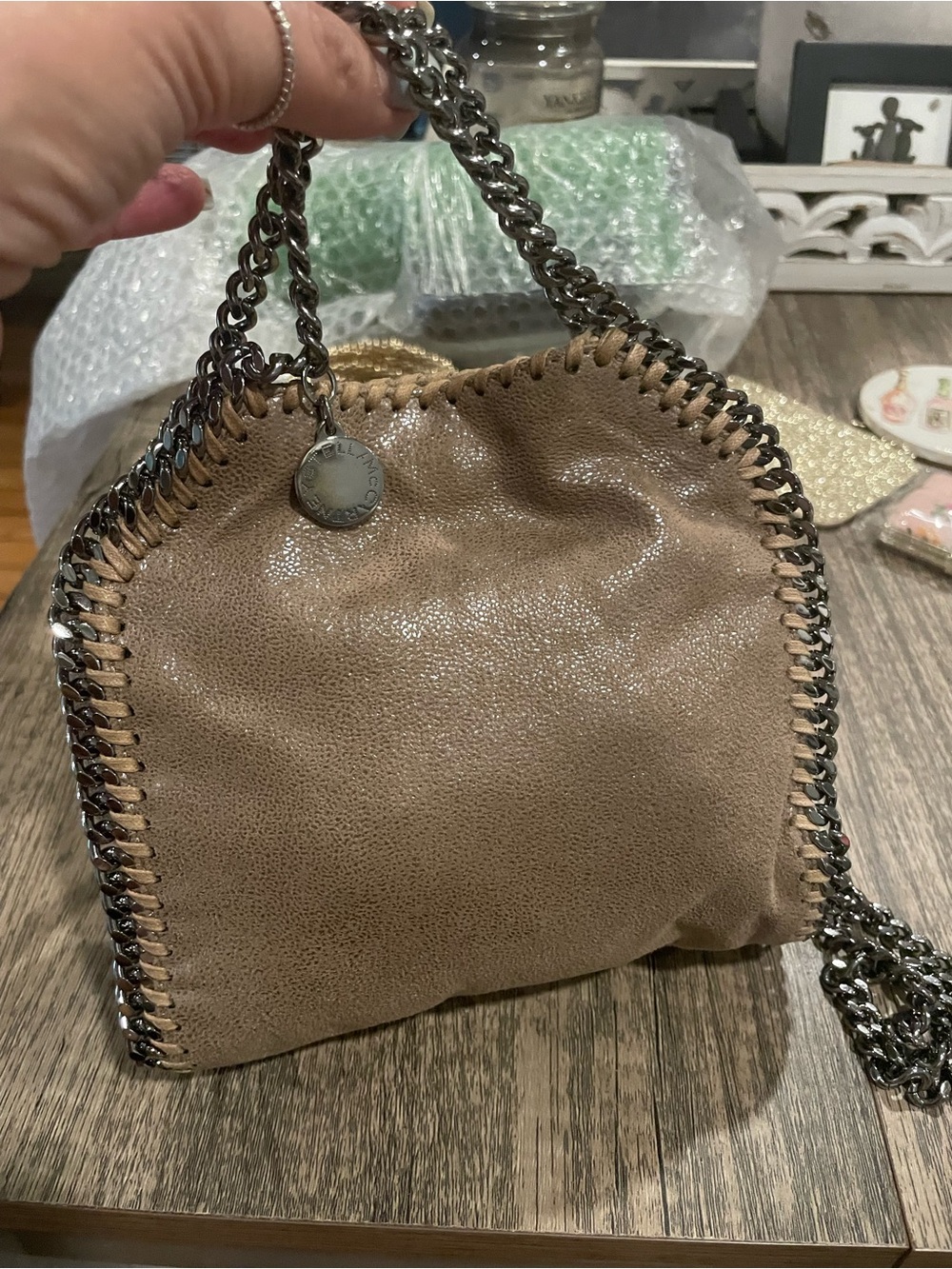 Stella McCartney Taupe Mini Falabella Shoulder Bag with Silver Chain